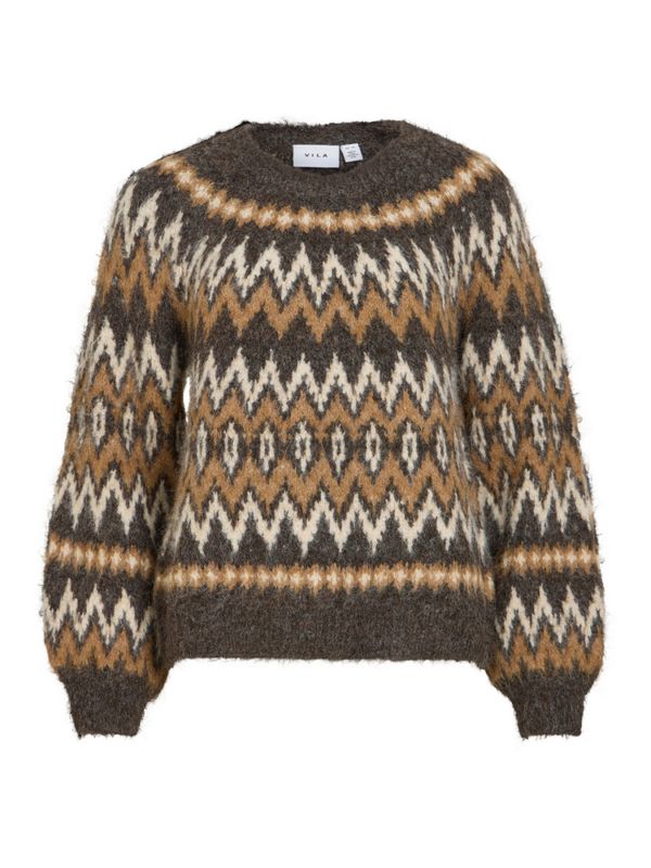 Vibows O-Neck Jacquard Knit Top Coffee Bean VILA